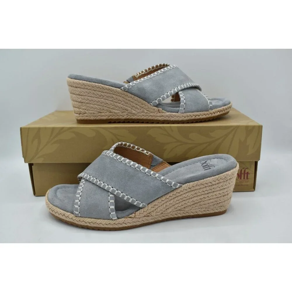 Sofft Women Size 8.5 Indie Blue Chambray Espadrille Wedge Open Toe Sandals Shoes